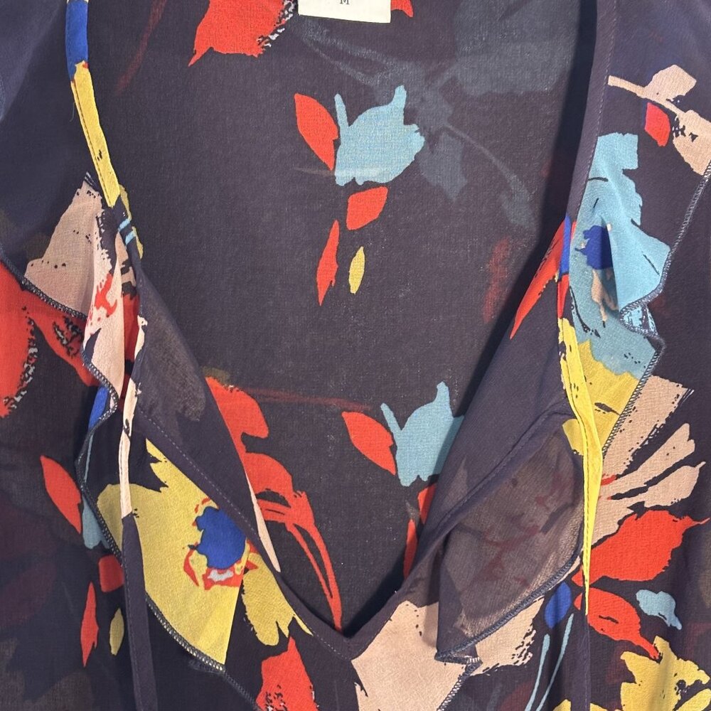 Cabi Floral Long-Sleeve Sheer Blouse With Tie Neck & Elastic Cuffs Womens Size M - Picture 3 of 10